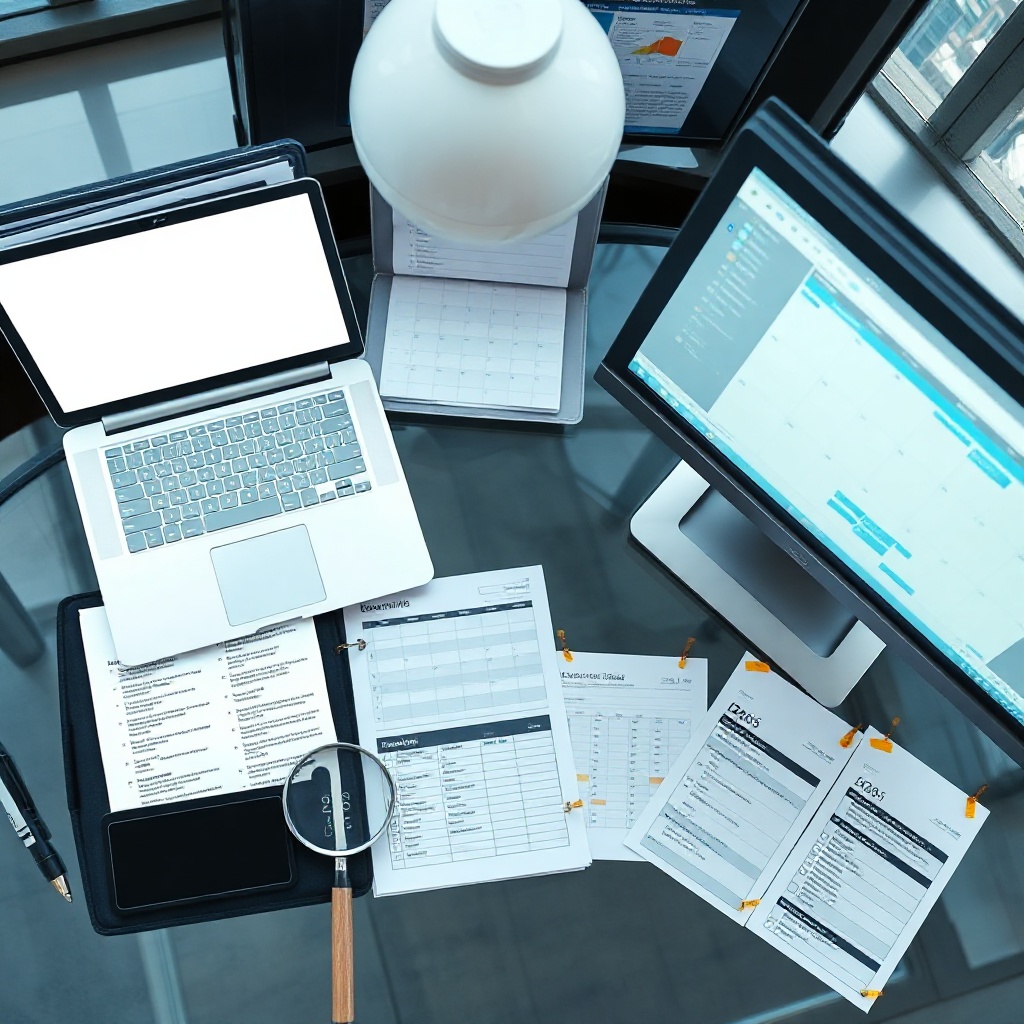 Flat lay zenitale per industrie chimiche: laptop, CRM, SDS, checklist REACH e calendario 2026